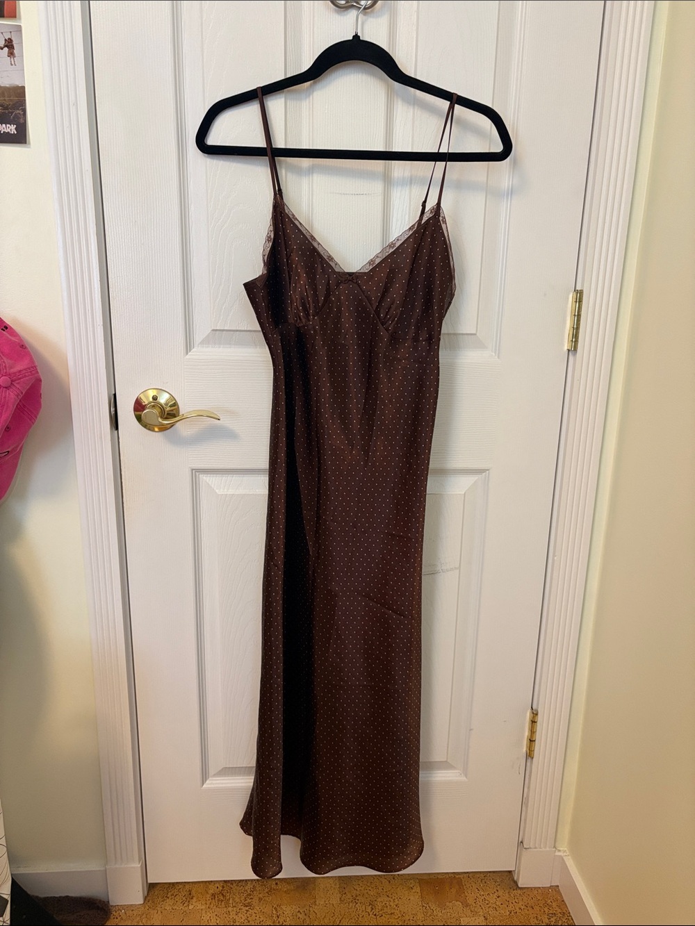 Brown Satin Slip Midi Dress with Delicate Polka Dot Detail